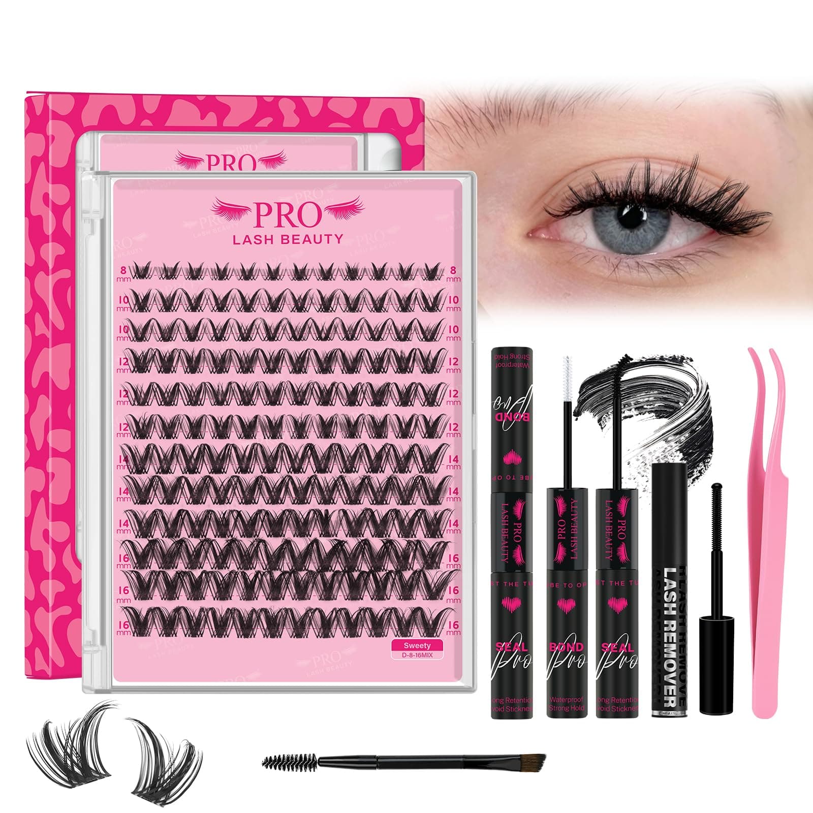 144pcs Individual Eyelashes Kit D Curl Cluster Lashes Eyelashes Individual Kit Thin Band Wide Stem Lash Clusters with Tweezers and Super Bond and Seal Lash Remover Mix 8-16mm