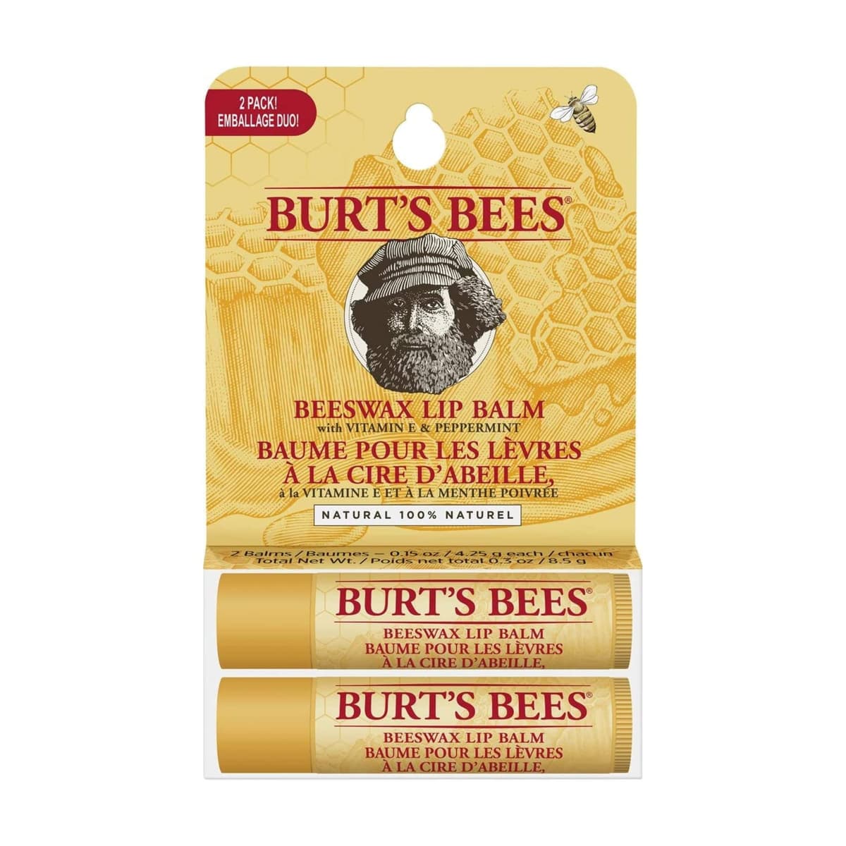Burt's Bees 100% Natural Moisturising Lip Balm Pack of 2 Beeswax, 2 Tubes in Blister Box, 8.5 g