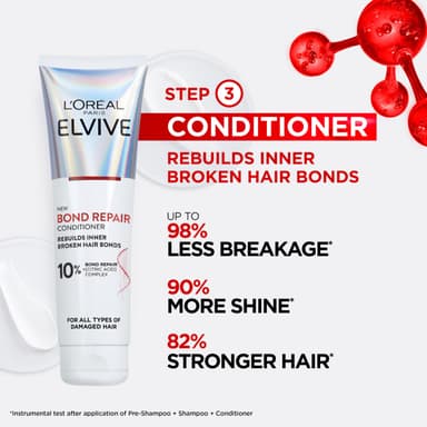 L'Oreal Paris Elvive Bond Repair Conditioner, with Citric Acid Complex, Deep Repair & Bonding Hair Care for Severely Damaged Hair, 98% Less Breakage, 82% Stronger, 150ml view 2
