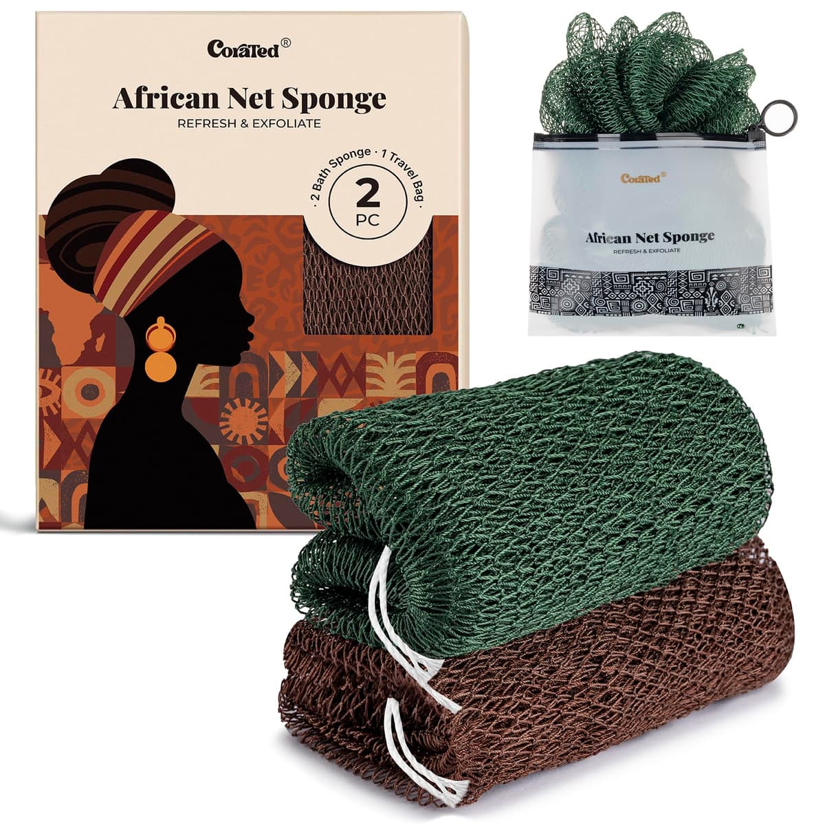 CORATED 2pcs African Exfoliating Net Sponge Set - Bath & Shower Net Sponges, Back Scrubber Washcloth for Shower, Beauty Skin Cleaning for Shower Spa Massage (Brown & Dark Green)