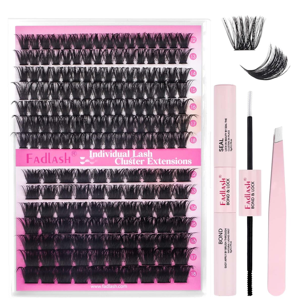 FADLASH 100D+200D 0.07mm D Curl 12-18mm with Bond and Seal and Tweezers Fluffy Cluster Lashes DIY Eyelash Extensions