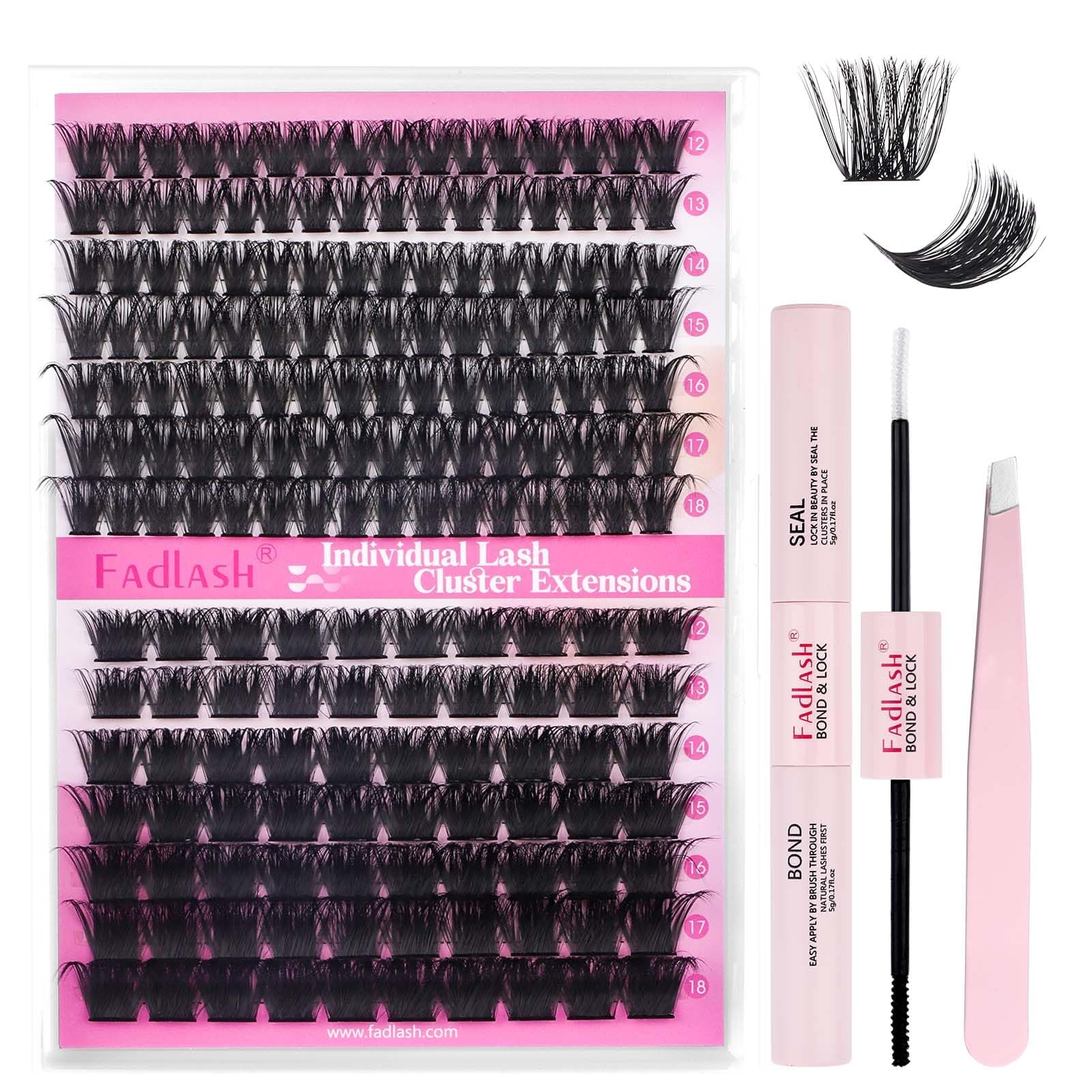 FADLASH 100D+200D 0.07mm D Curl 12-18mm with Bond and Seal and Tweezers Fluffy Cluster Lashes DIY Eyelash Extensions