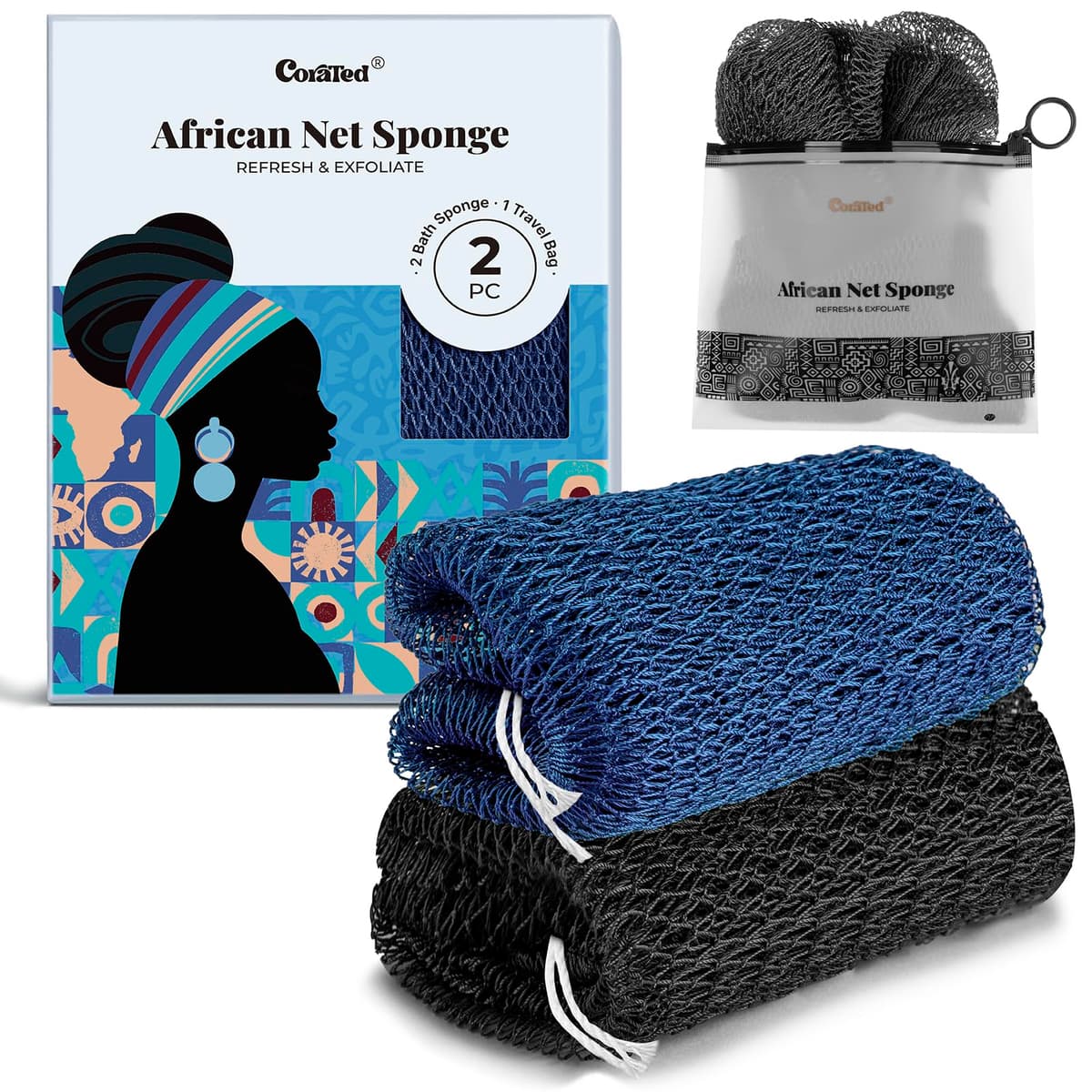 CORATED 2pcs African Exfoliating Net Sponge - Bath & Shower Net Sponges, Scrubbing Net Body, Beauty Skin Cleaning for Shower SPA Massage (Blue & Black)