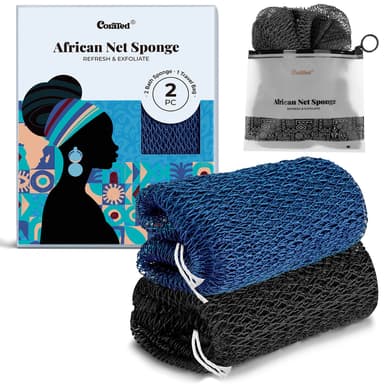 CORATED 2pcs African Exfoliating Net Sponge - Bath & Shower Net Sponges, Scrubbing Net Body, Beauty Skin Cleaning for Shower SPA Massage (Blue & Black) view 1