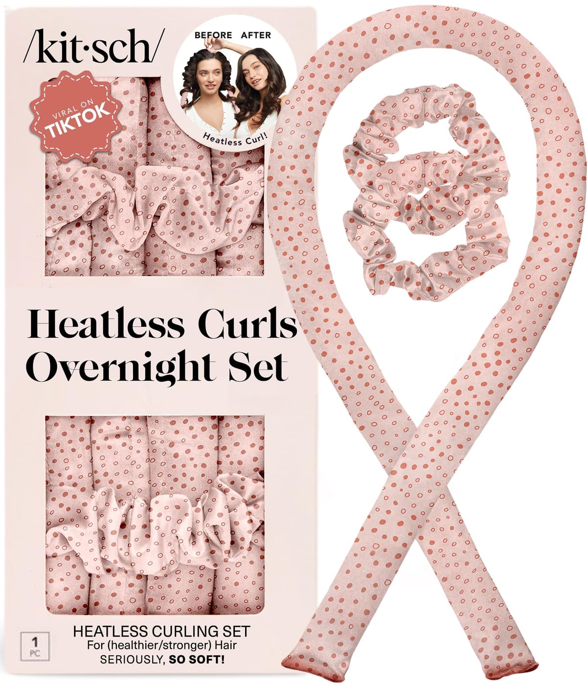 Kitsch Satin Heatless Curlers Set – Heatless Curls Overnight with 34" Hair Curler & 2 Satin Scrunchies, Comfortable No Heat Hair Curlers to Sleep In for Frizz-Free & Non-Damage Styling - Micro Dot