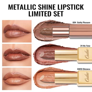 Oulac Brown Metallic Shine Lipstick Set - Lip Set for Women, Orange Lip Color Kit, Creamy Formula, Full Coverage, Hydrating & Smooth, Infused with Shea Butter, Vegan, Clean Beauty B604(604+D24+GM10) view 3