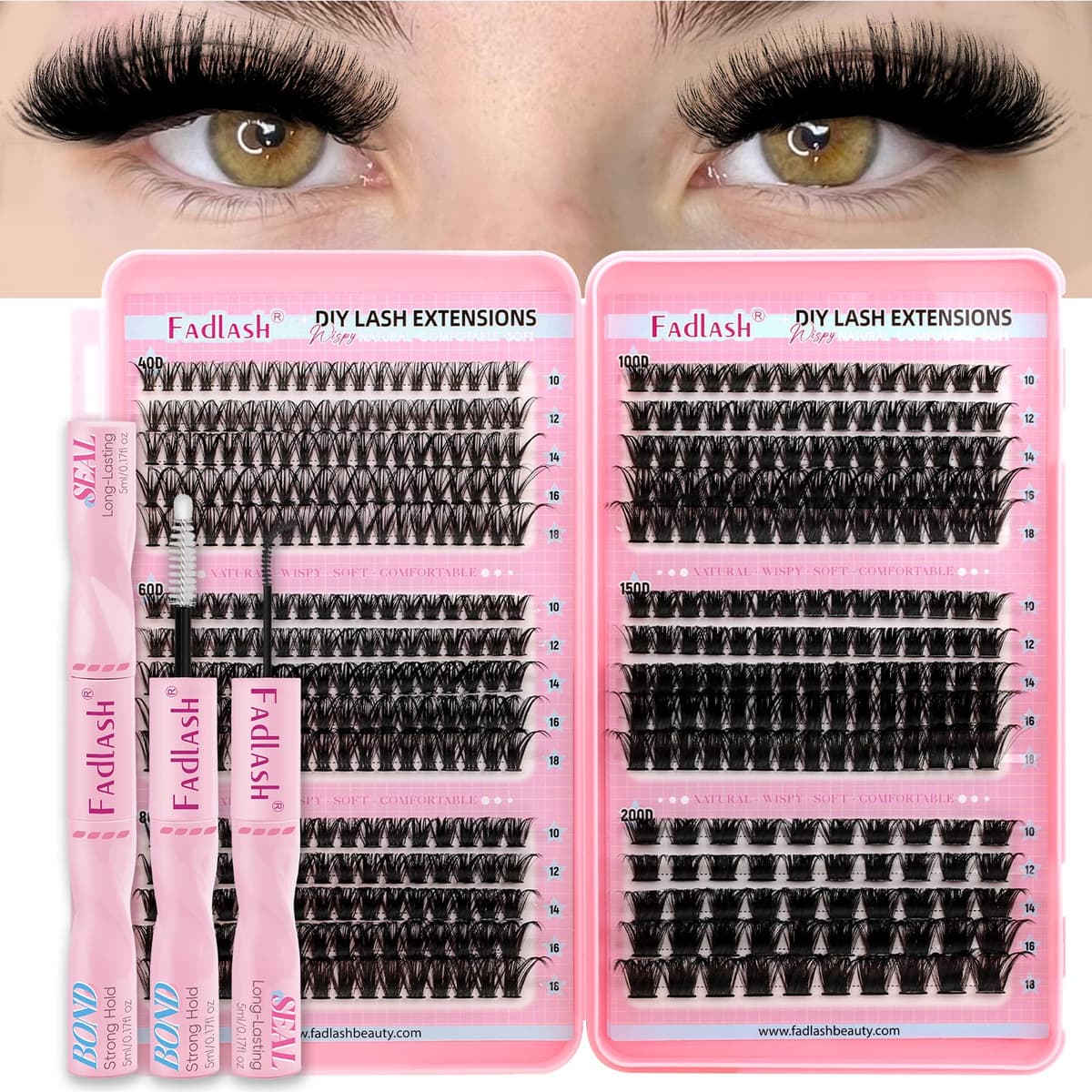 FADLASH 470pcs 0.07mm D Curl 10-18mm 40-60-80-100-150-200D with Bond and Seal Fluffy Russian Natural Cat-Eye Lashes DIY Eyelash Extensions
