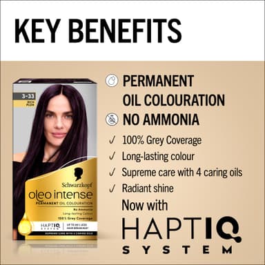 Schwarzkopf Oleo Intense Permanent Oil Colour 3-33 Rich Plum Hair Dye, 100% Grey Coverage, Conditioner With HaptIQ System, Long-Lasting Colour, Ammonia Free Hair Dye view 3