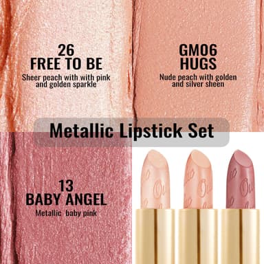 OULAC Metallic Shine Matte Lipstick Set, Nude Peach Lipstick Set Glitter Long Lasting Lipsticks, High Impact, Ultra Hydrating Lip Color, 4.3 g*3(13+26+GM06) view 2