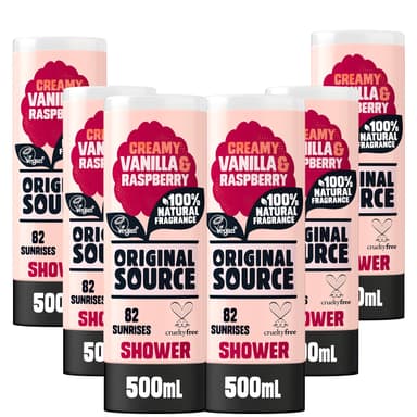 Original Source Vanilla Milk and Raspberry Shower Gel, 100 Percent Natural Fragrance, Vegan, Cruelty Free, Paraben Free, Bulk Buy, Pack of 6 x 500 ml view 1