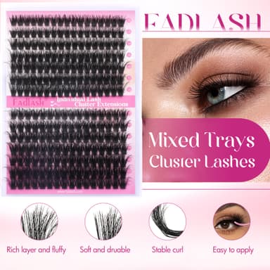 FADLASH 80D+100D 0.07mm D Curl 12-18mm Large Tray Wispy Russian 3D Fluffy Cluster Lashes DIY Eyelash Extensions view 2