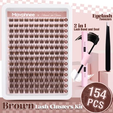 Brown Lash Clusters Kit Natural Dark Brown Eyelash Extensions Kit Wispy Individual Lashes C-Curly Cluster Lashes Extensions with Bond and Seal Lash Glue and Eyelashes Tweezers DIY Eyelashes Kit view 3