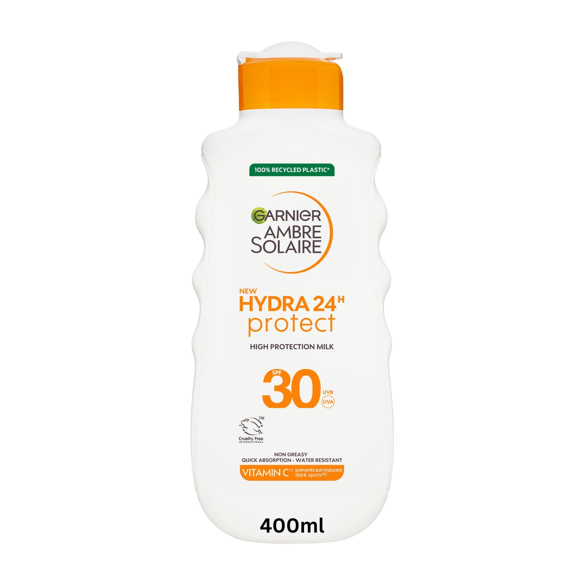 Garnier Ambre Solaire Hydra 24H Protect Lotion SPF30 400ml, Up To 24H Hydration With Vitamin E, Non Greasy Fast Absorption, Water Resistant, Cruelty-Free International Approved