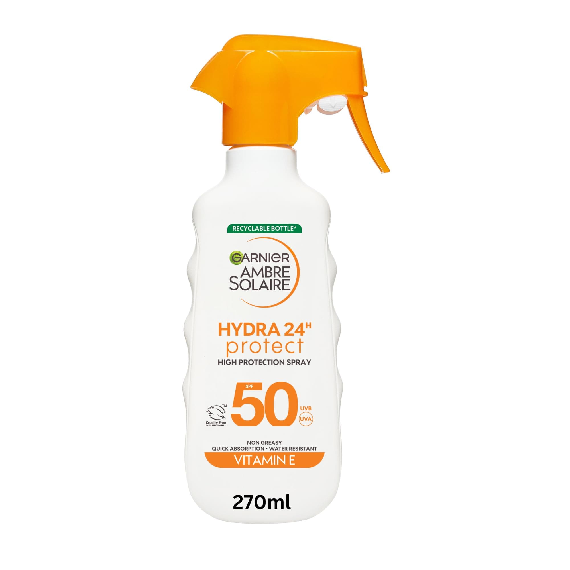 Garnier Ambre Solaire Hydra 24H Protect Trigger Spray SPF50 270ml, Up To 24H Hydration With Vitamin E, Non Greasy Fast Absorption, Water Resistant, Vegan Formula, Cruelty-Free International Approved