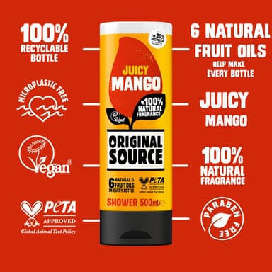 Original Source Mango Shower Gel, 100 Percent Natural Fragrance, Vegan, Cruelty Free, Paraben Free, Bulk Buy, Pack of 6 x 500 ml view 4