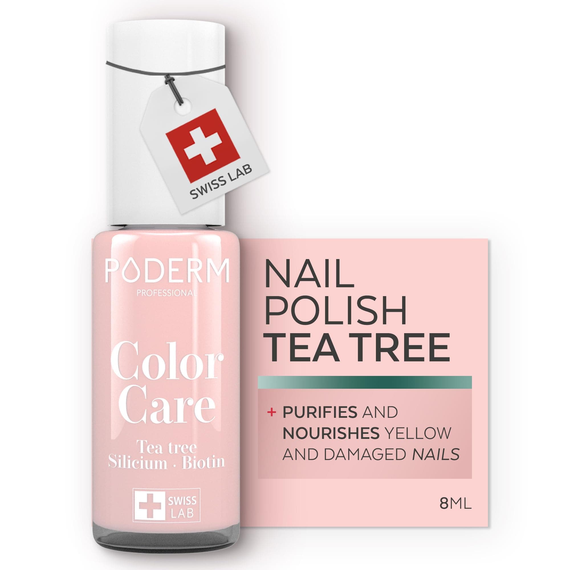 PODERM Nail Care Polish with Tea Tree - Pink | Swiss Lab - 8ML | Enriched with Tea Tree, Silicon & Biotin | Purifies, Clarifies & Nourishes Yellow Nails | Created by a Podiatrist