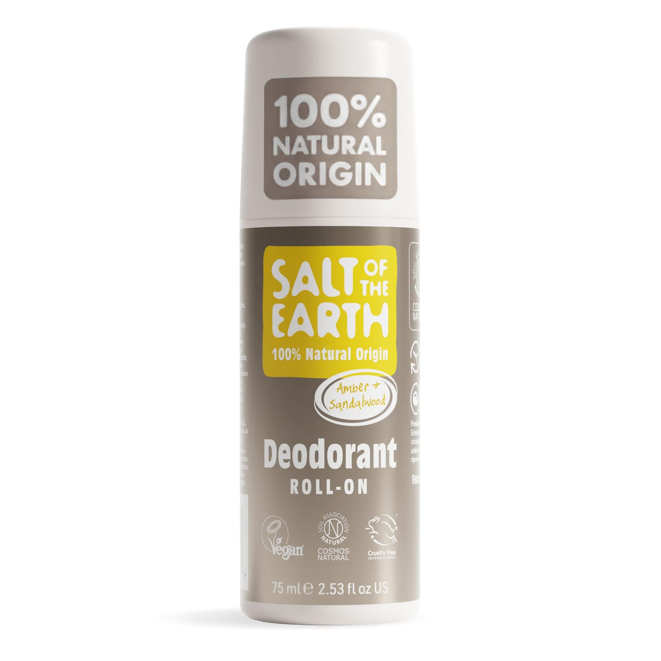 Salt of the Earth - Natural Deodorant Roll On - Amber & Sandalwood - 100% Natural Origin Ingredients - Vegan - Suitable for Men, Women & Kids - 75ml