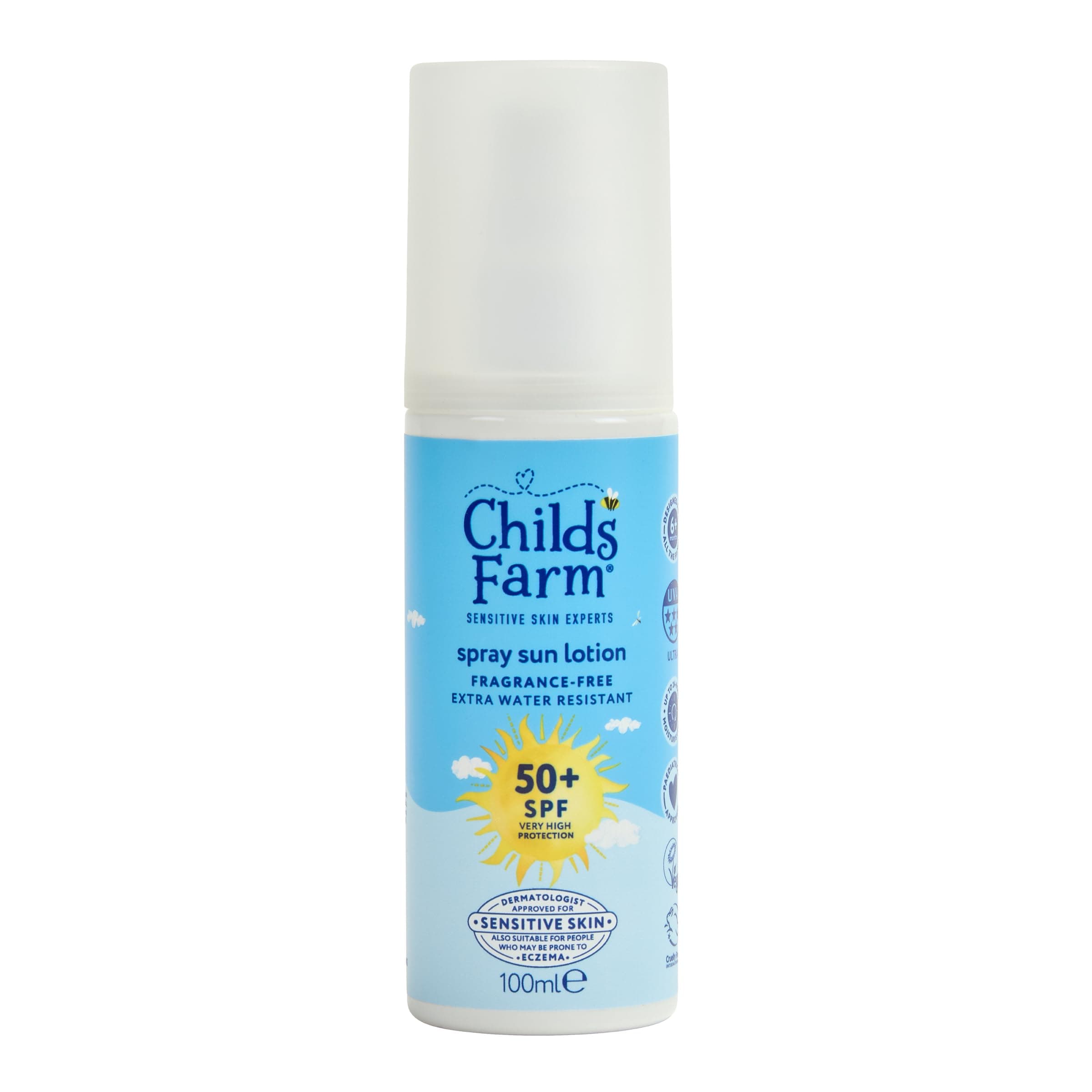 Childs Farm Kids & Baby Sun Lotion Spray SPF 50+ | UVA & UVB Very High Protection | Extra Water Resistant | Fragrance Free | Suitable for Dry, Sensitive Skin, 100ml