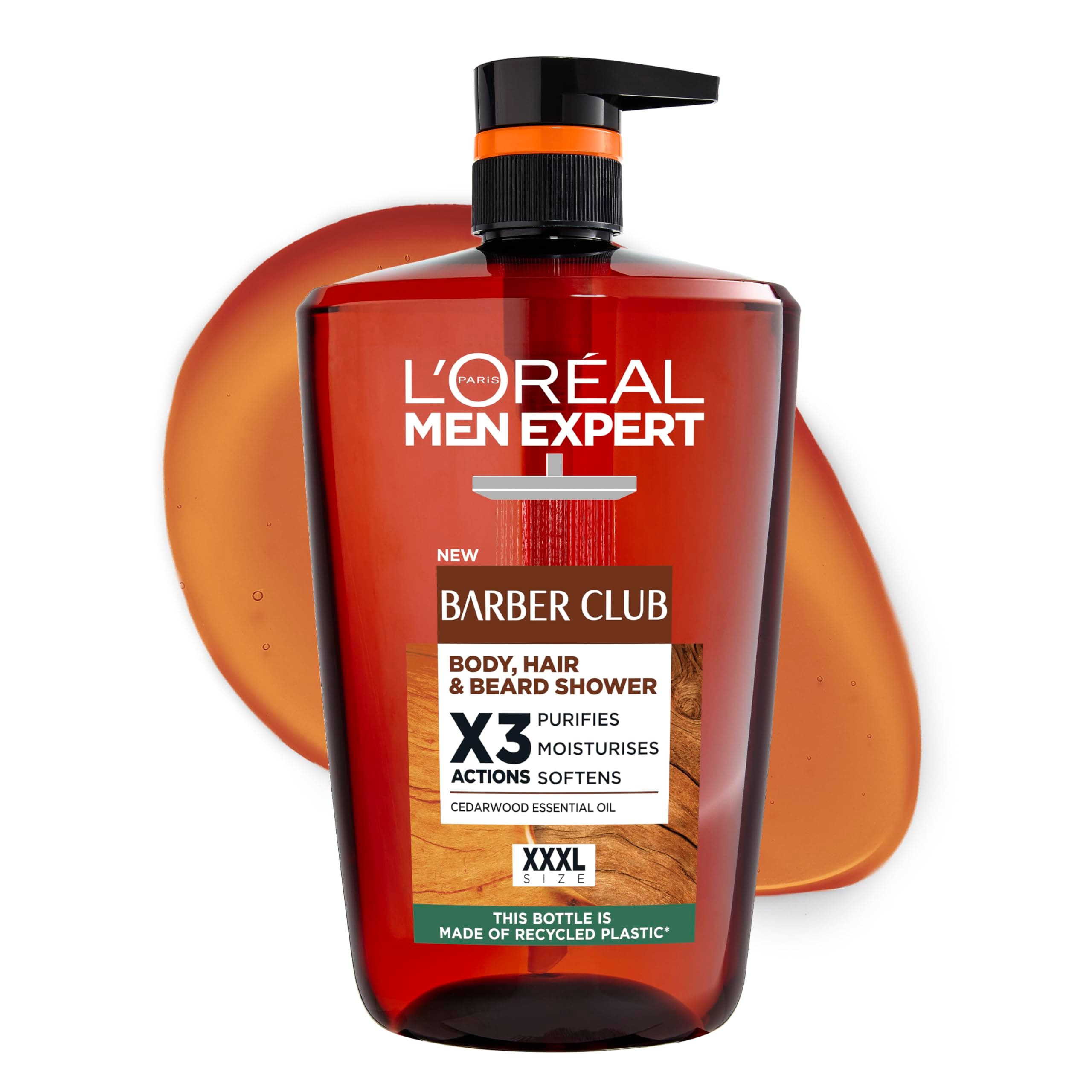 L'Oréal Men's Shower Gel, Men Expert Barber Club 3-in-1 Body Wash 1L Pump, Cedarwood Oil for Body, Hair & Beard Grooming, Deep Cleanse & Active Moisturisation