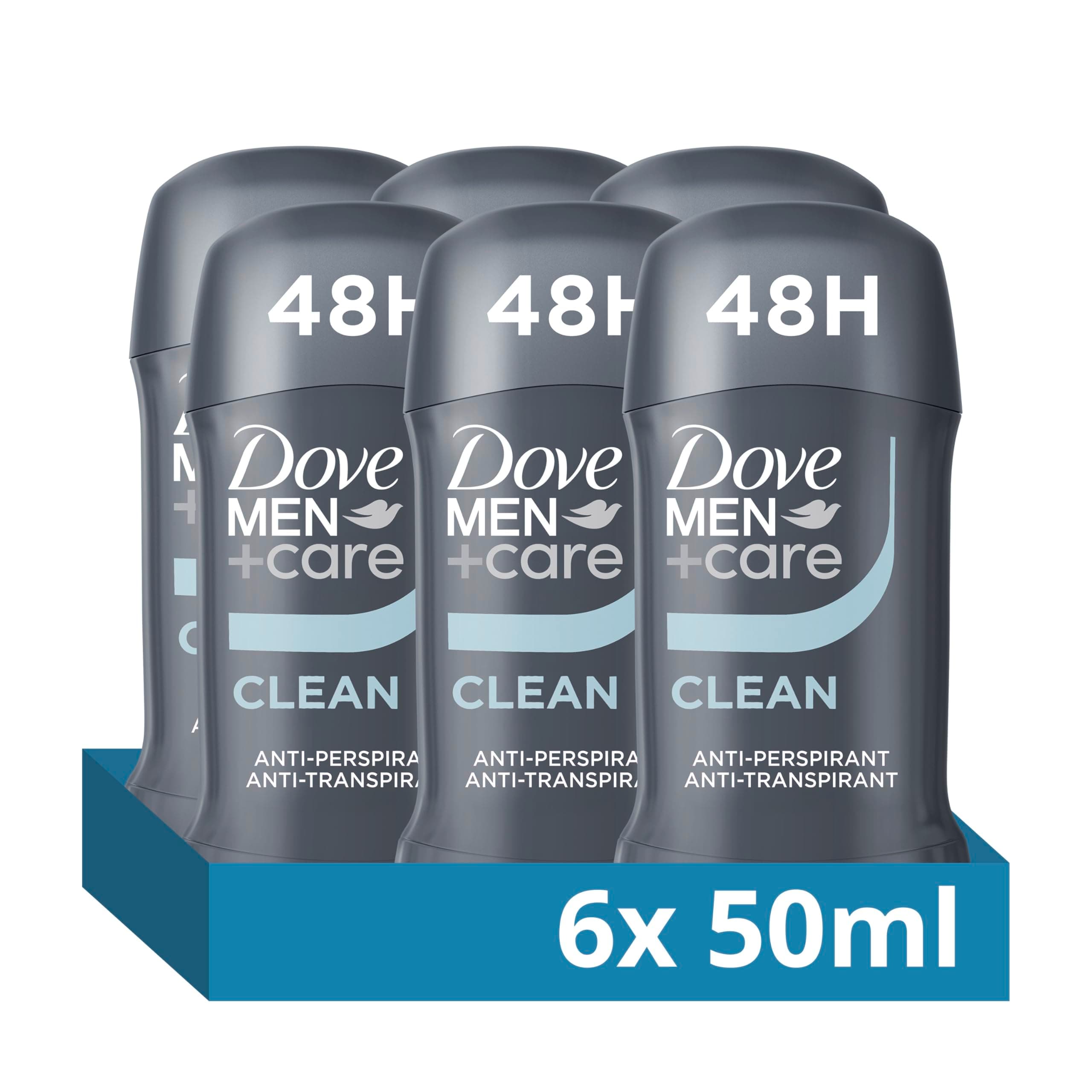 Men's Anti-Perspirant Stick Dove Men+Care Clean Comfort Deodorant with ¼ moisturising cream for 48 hour protection against sweat and odour 50 ml, Pack of 6
