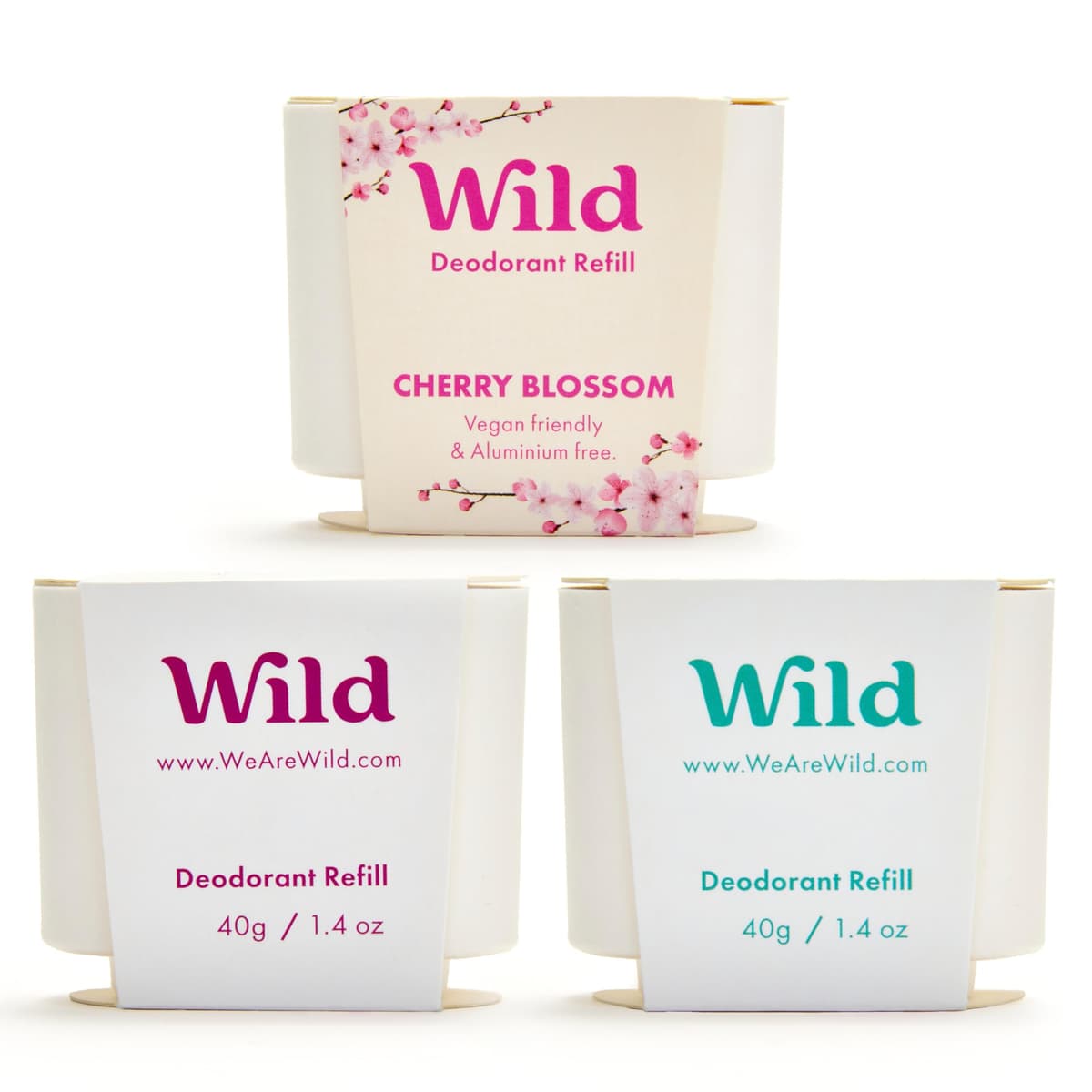 Wild - Natural Refillable Deodorant Variety Pack - Aluminium Free - Scents Include Fresh Cotton & Sea Salt, Cherry Blossom and Coconut & Vanilla Scents - Long Lasting Protection
