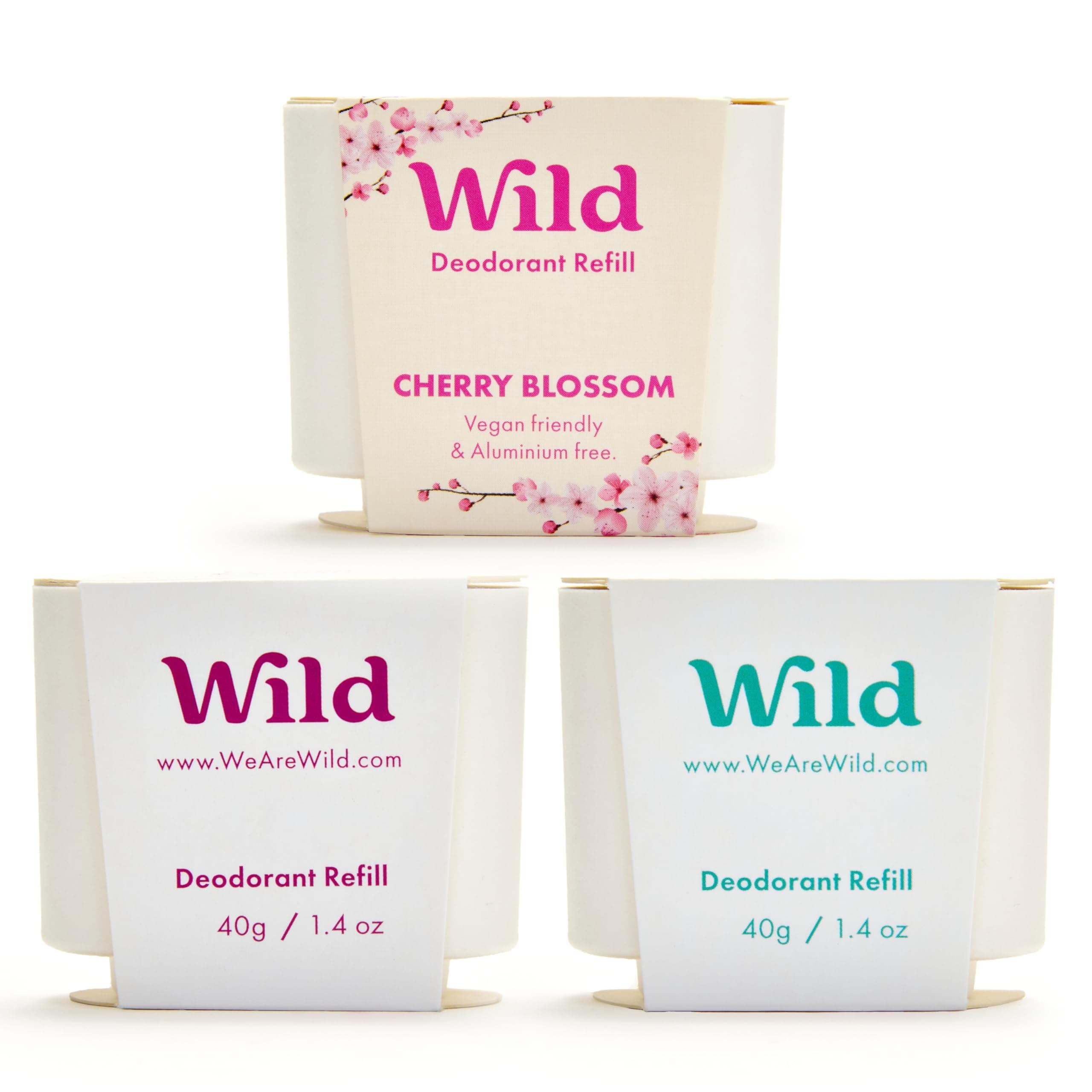 Wild - Natural Refillable Deodorant Variety Pack - Aluminium Free - Scents Include Fresh Cotton & Sea Salt, Cherry Blossom and Coconut & Vanilla Scents - Long Lasting Protection