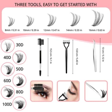 KEYRI 580 Pieces Individual Eyelashes 30-40-50-60-80-100D Cluster Lashes Kit with Lash Separator, Brush and Tweezers Fluffy Russian Eyelashes Extensions for Girls and Women (Kit, 30D-100D) view 2