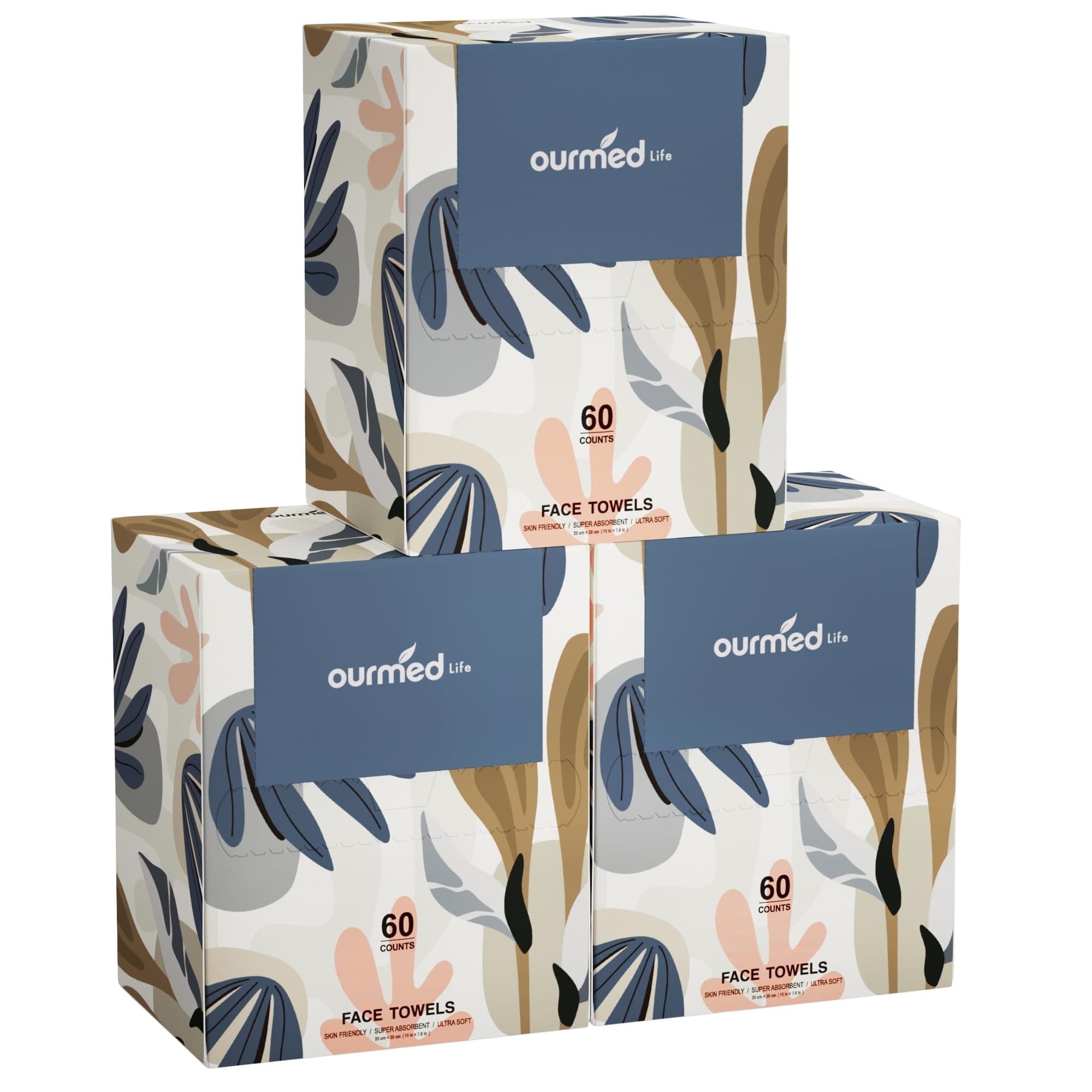 Ourmed Life Face Towels, Disposable Biodegradable Facial Towels for Sensitive Skin, Lint- Free Face Wipes for Washing Face, Skincare and Makeup Remover, Dry Wipes, 10"×7.8" Extra Large, 180 Count