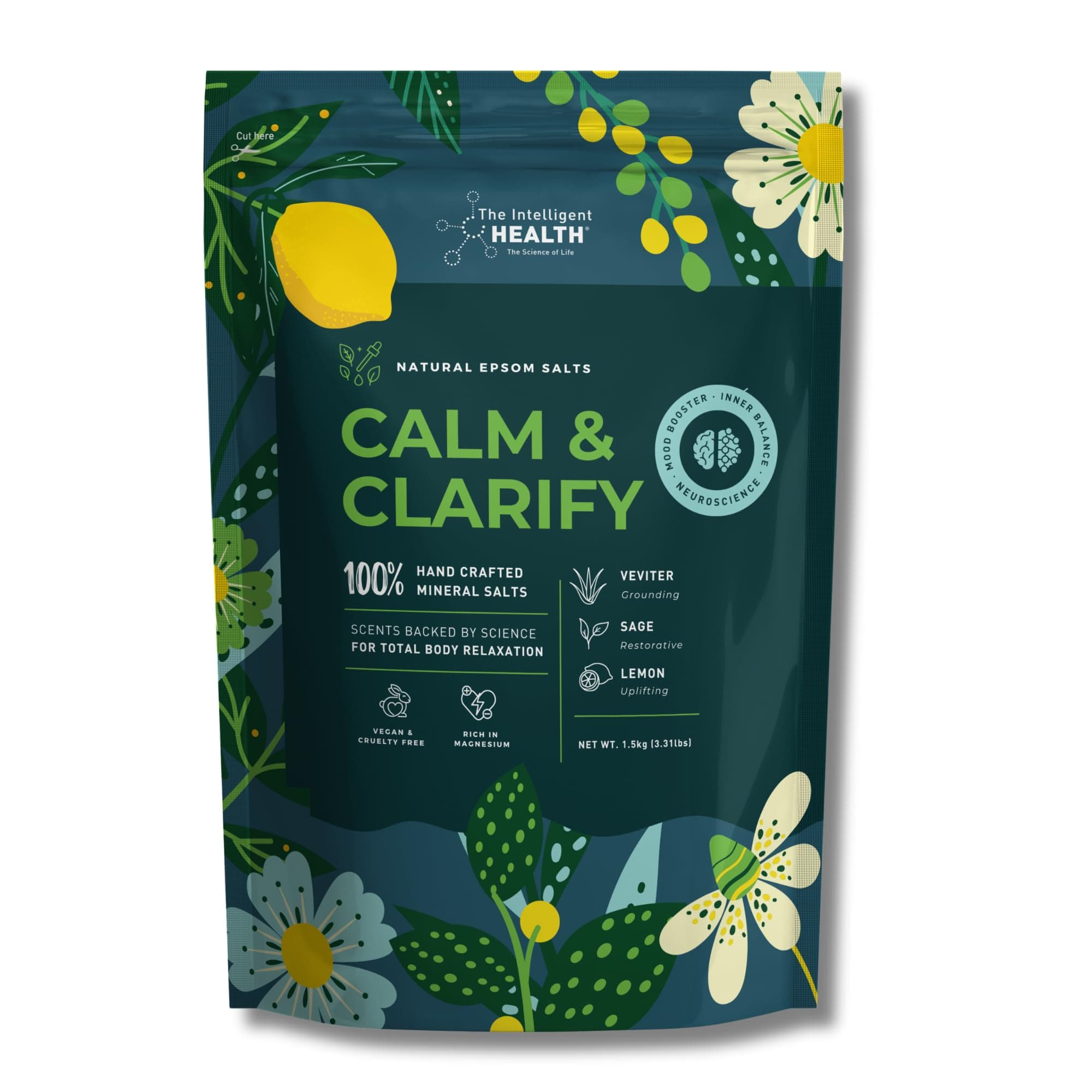 The Intelligent Health Calm & Clarify - Rich in Magnesium Epsom Bath Salts for Women & Men Wellness, 1.5kg, Epsom Salts for Bath, Foot Spa & Muscle Soak, Salt Scented with Lemon, Vetiver, Sage