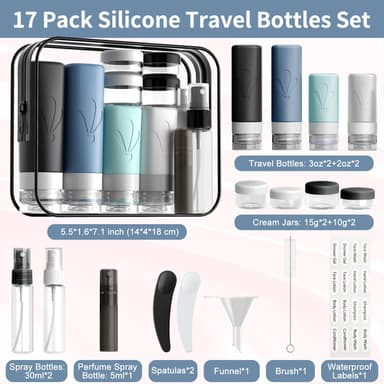 INSFIT 17 Pack Travel Bottles for Toiletries, CAA Approved Travel Size Containers with Labels, BPA Free Leak Proof Squeezable Silicone Travel Toiletries for Shampoo Conditioner Lotion Body Wash view 2