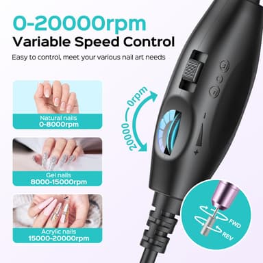 COSLUS C40 Electric Nail Drill, Nail Files for Gel Acrylic Nature Nails, Adjustable Speed 0-20000RPM, Portable Manicure Pedicure Set with 6 Drill Bits 31 Sanding Bands, E File Beginner Girl Women Mum view 3