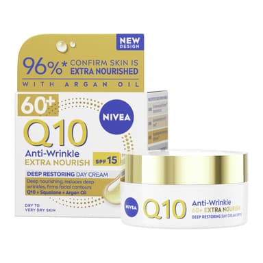 NIVEA Q10 Anti-Wrinkle 60+ Extra Nourishing Day Cream SPF15 (50ml), Deeply Restoring Anti Wrinkle Face Cream for Intense Hydration, Reduces Wrinkles and Firms Skin, Dry Skin Face Moisturiser view 1