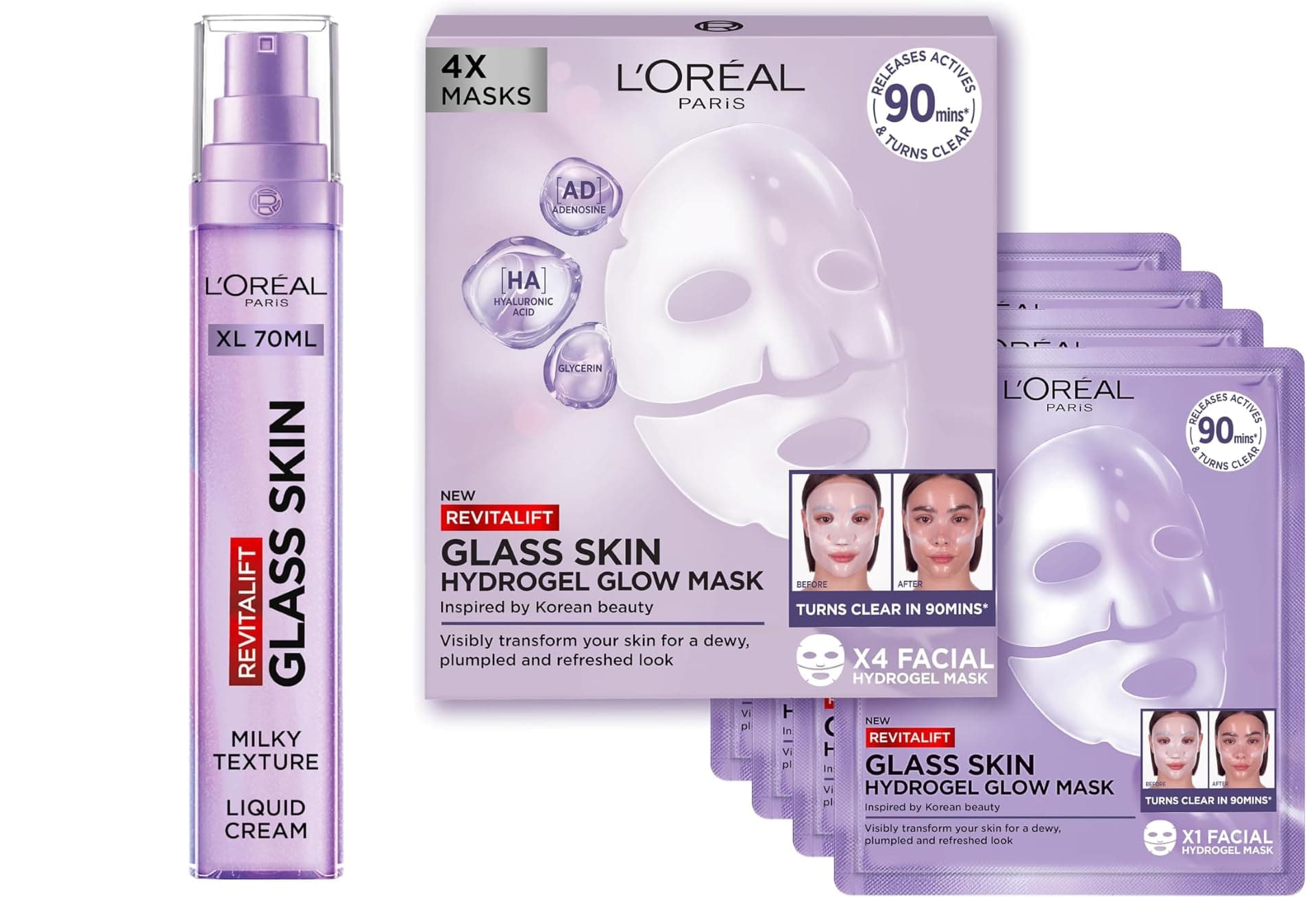 L'ORÉAL Paris Glass Skin Hyaluronic Mask and Cream Duo, Hydrogel Glow Face Mask 4 Pack and Glass Skin Liquid Face Cream (70ml), Visible Plump, Smoothed, Glowing Skin, Powered by Hyaluronic Acid, 70ml
