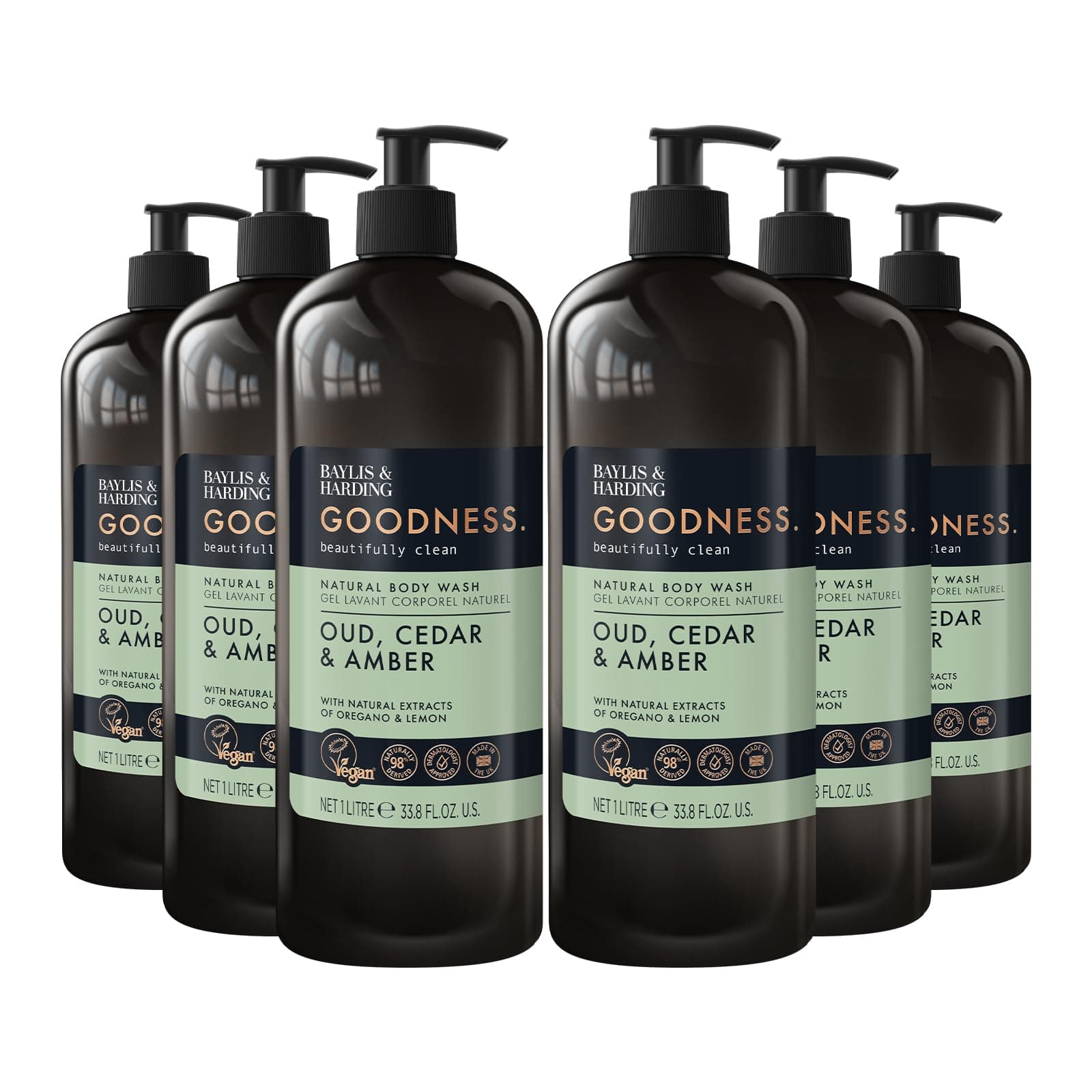 Baylis & Harding Goodness Oud, Cedar & Amber Body Wash, 1 Litre (Pack of 6) - Vegan Friendly