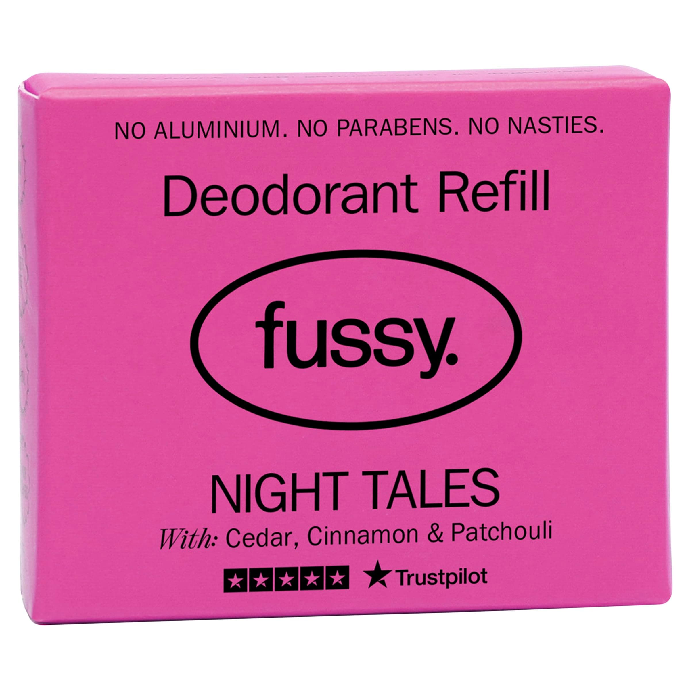 Fussy - Natural Deodorant Refill - Aluminium Free - Flora Scent - 24 hour protection - 100% effective - Night Tales - Cedar, Cinnamon and Patchouli - Vegan & Cruelty Free