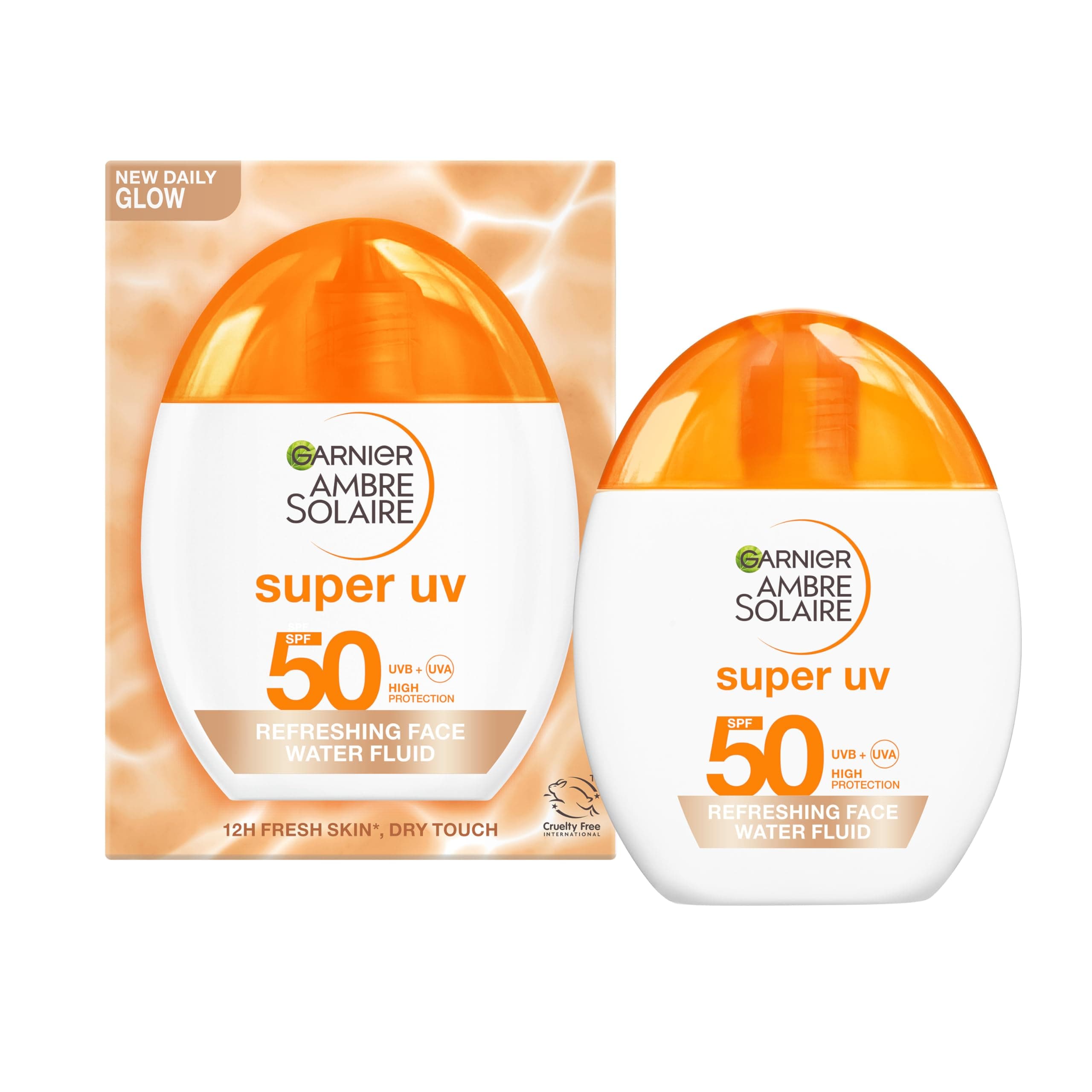 Garnier Ambre Solaire Face SPF Sunscreen Super Daily UV Hyaluronic Acid Refreshing Water Fluid SPF50 Glow, 12H Fresh Skin, Dry Touch & Hydrating, Compatible With Makeup, Glow Water Fluid - 40ml