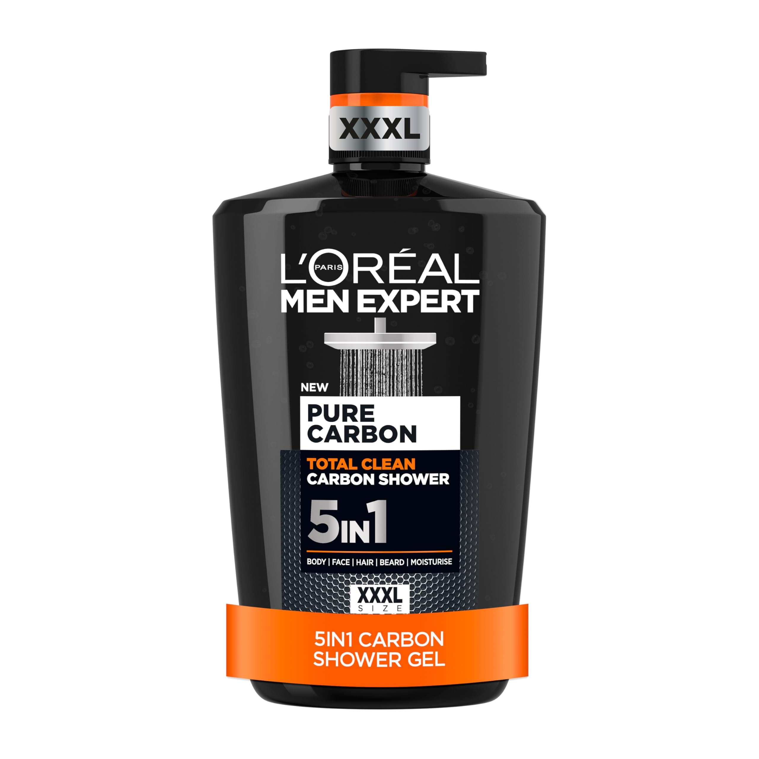 L'Oréal Men Expert, Pure Carbon, 5-in-1 XXL Shower Gel, A Total Action Body, Face, Hair Wash, Shave and Moisturiser Powered By Carbon, Total 5-in-1 Action, Large 1L Pump