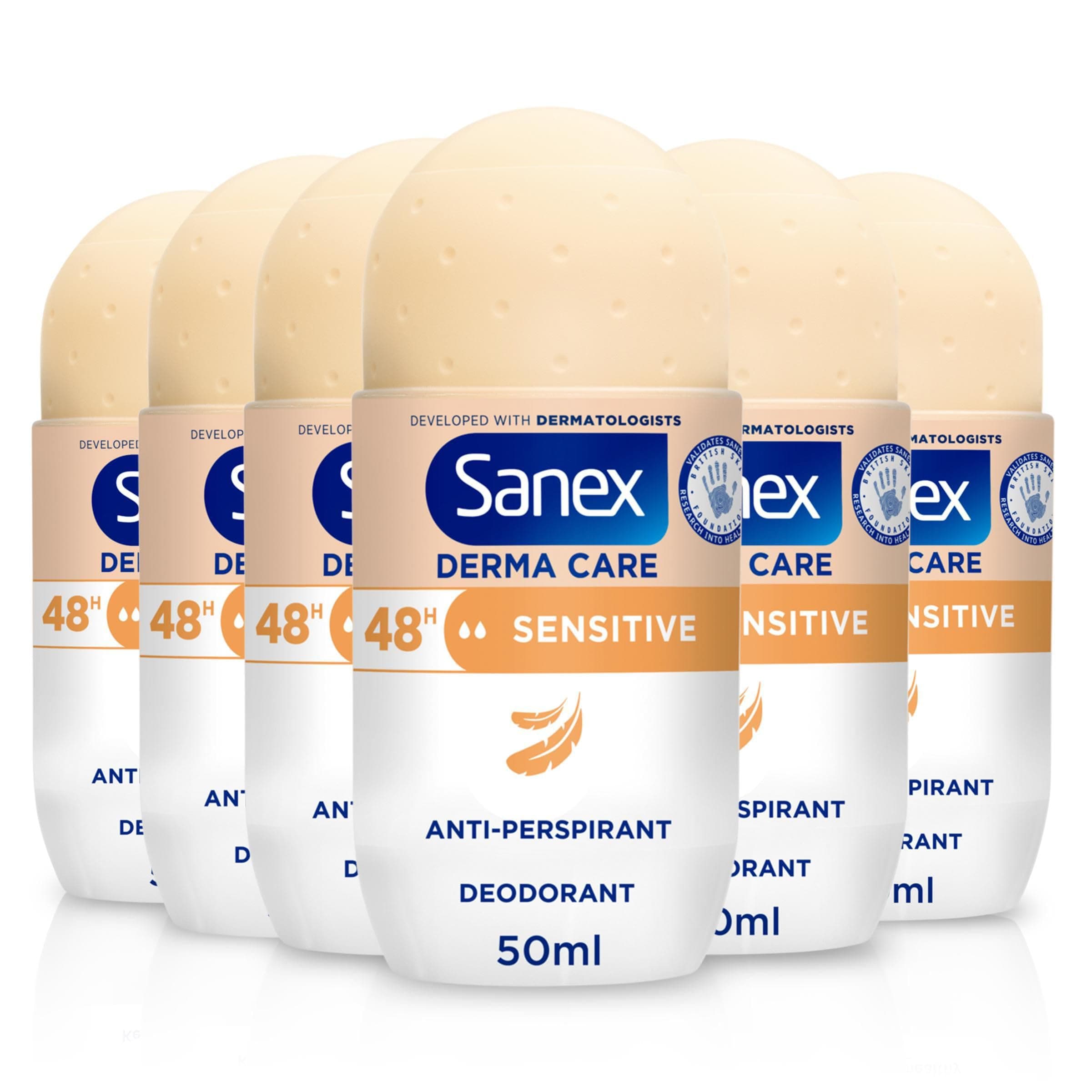 Sanex Derma Care Sensitive 48-Hour Antiperspirant Roll-On Deodorant 6x50ml – long-lasting freshness against sweat and odour – gently cares for skin – contains 0% alcohol*