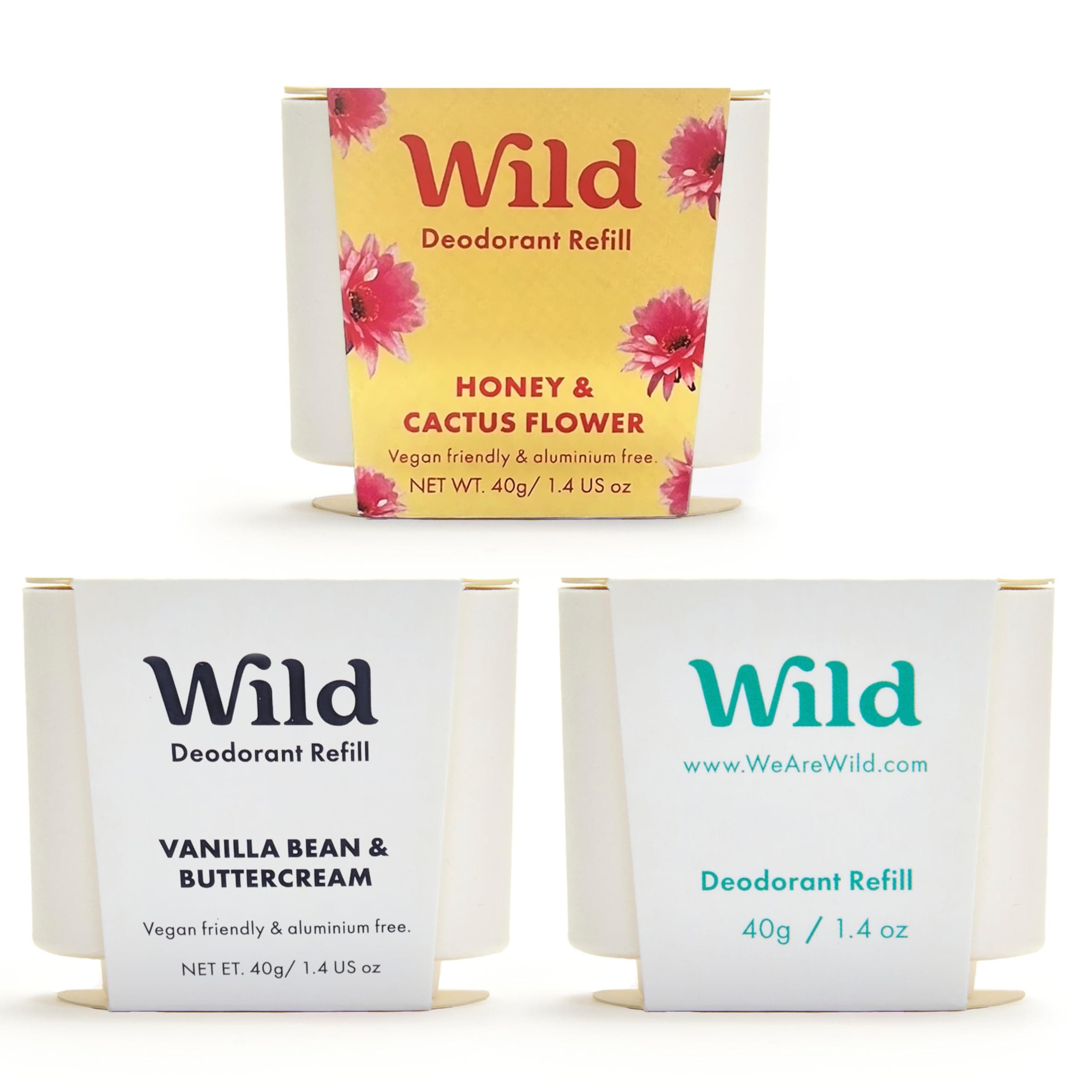 Wild Aluminium Free Natural Deodorant Refill Variety Pack - Includes Honey & Cactus Flower, Vanilla Bean & Buttercream and Fresh Cotton & Sea Salt Scents - Long Lasting 24 Hour Odour Protection