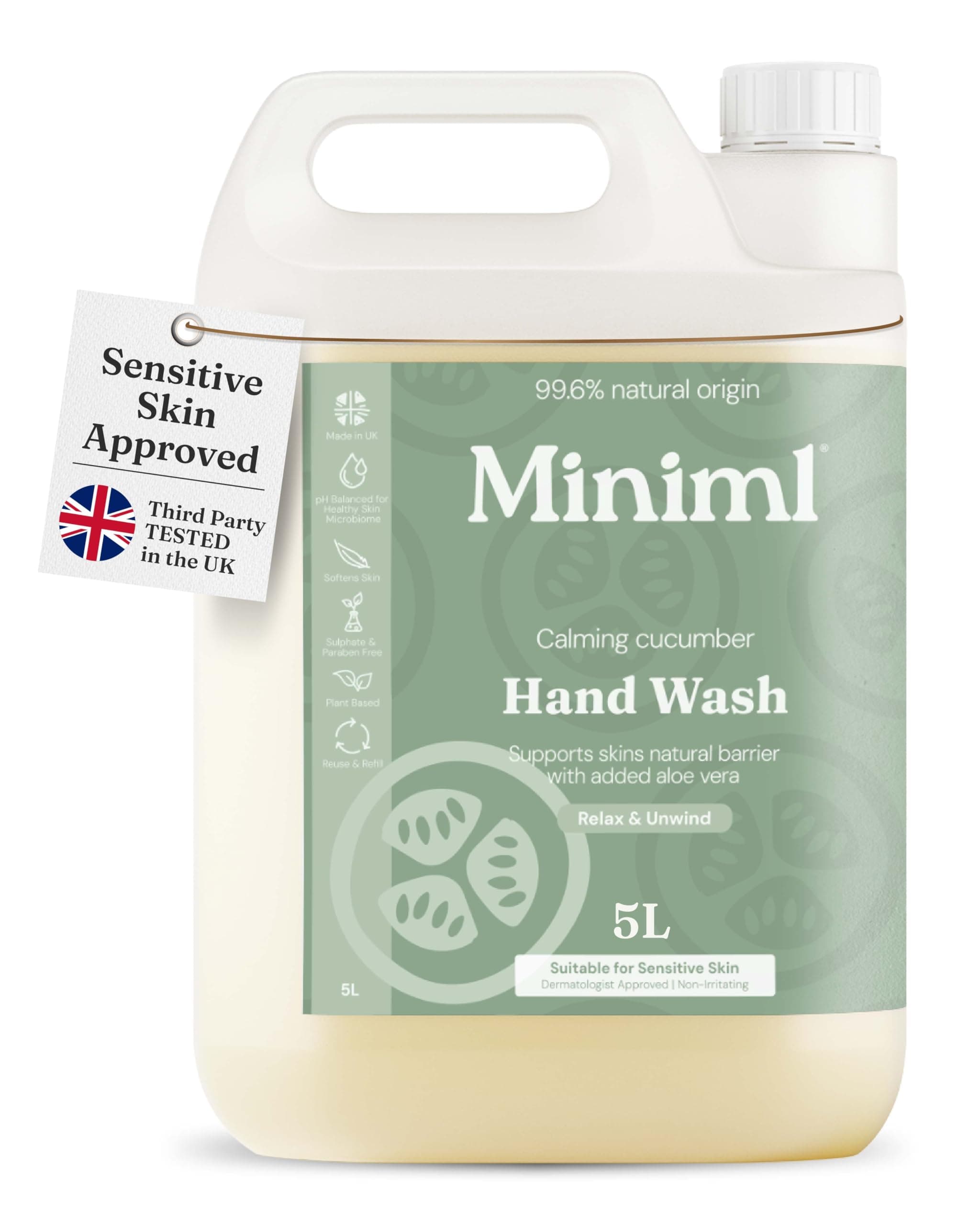 Miniml Hand Soap Wash Liquid 5L Refill - Cucumber & Aloe Vera Infused Eco Friendly Hand, Skin & Body Wash Gel for Soft and Sensitive Skin Care - 100% Vegan & Cruelty Free