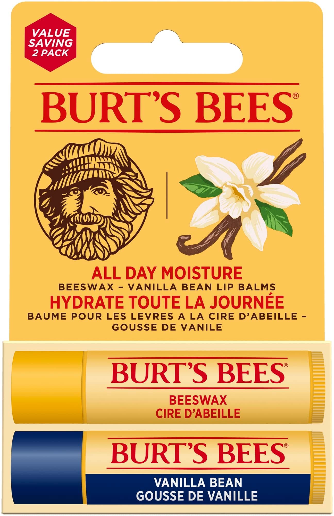 Burt's Bees Lip Balm Duo Pack, Includes Moisturising Beeswax with Peppermint & Vitamin E and Vanilla Bean, 2x4.25g