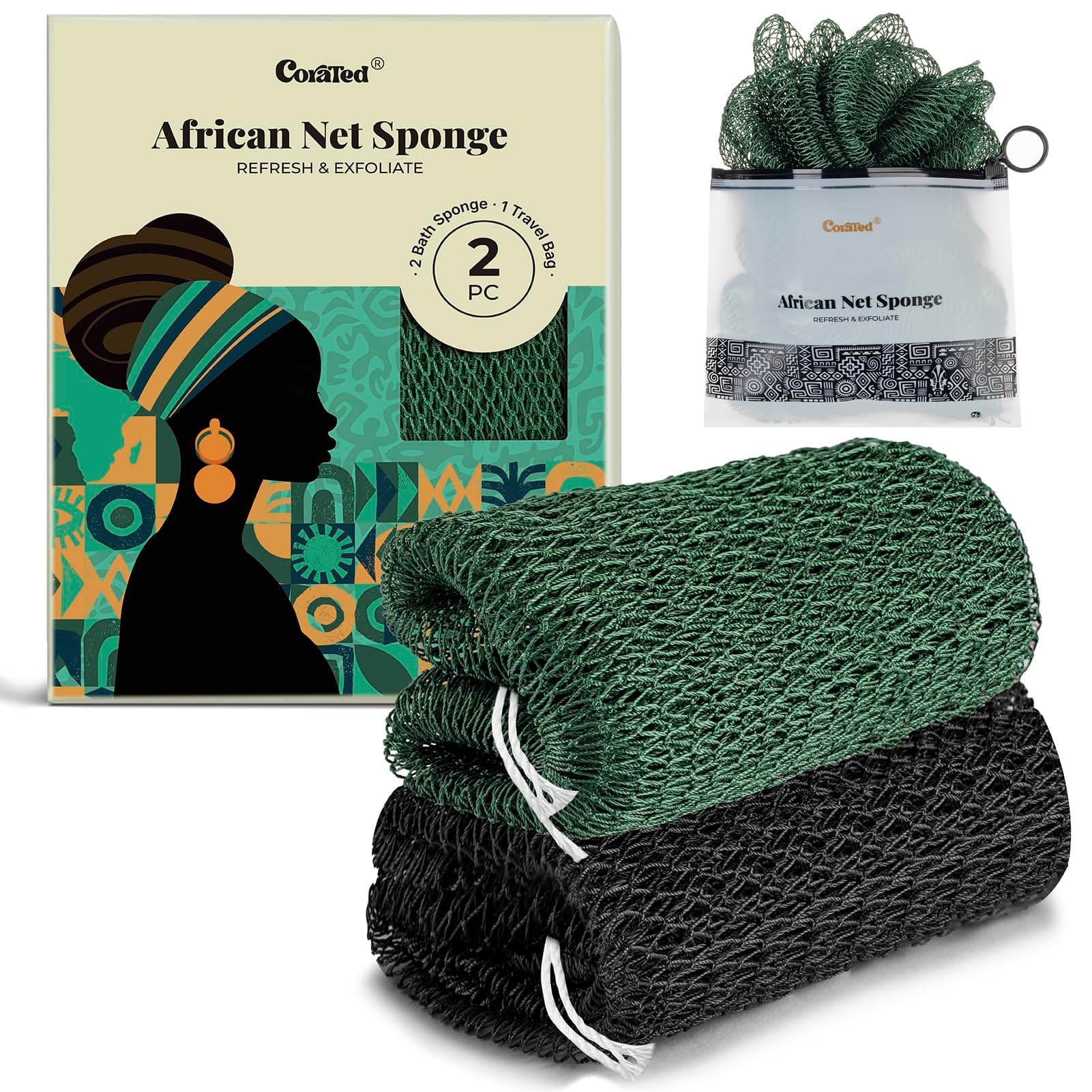 CORATED 2pcs African Exfoliating Net Sponge - Bath & Shower Net Sponges, Scrubbing Net Body, Beauty Skin Cleaning for Shower SPA Massage (Black & Dark Green)