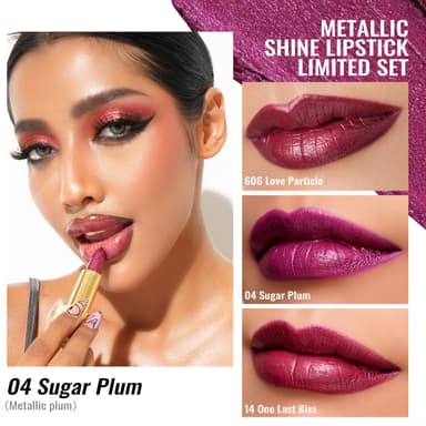 Oulac Burgundy Metallic Shine Lipstick Set - Lip Set for Women, Red Lip Color Kit, Creamy Formula, Full Coverage, Hydrating & Smooth, Infused with Shea Butter, Vegan, Clean Beauty B606(606+D04+D14) view 2