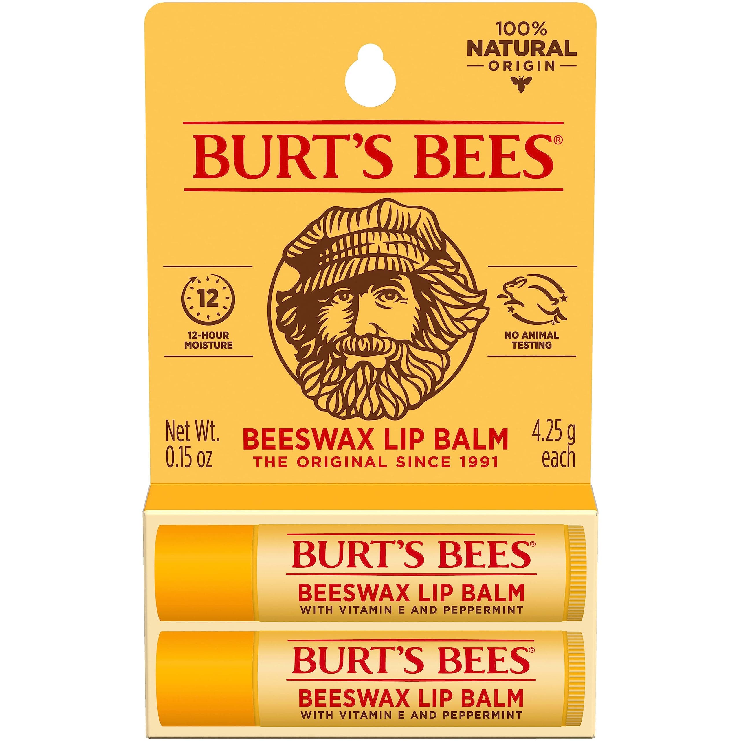 Burt's Bees 100% Natural Moisturizing Lip Balm, Beeswax, 2 Tubes in Blister Box