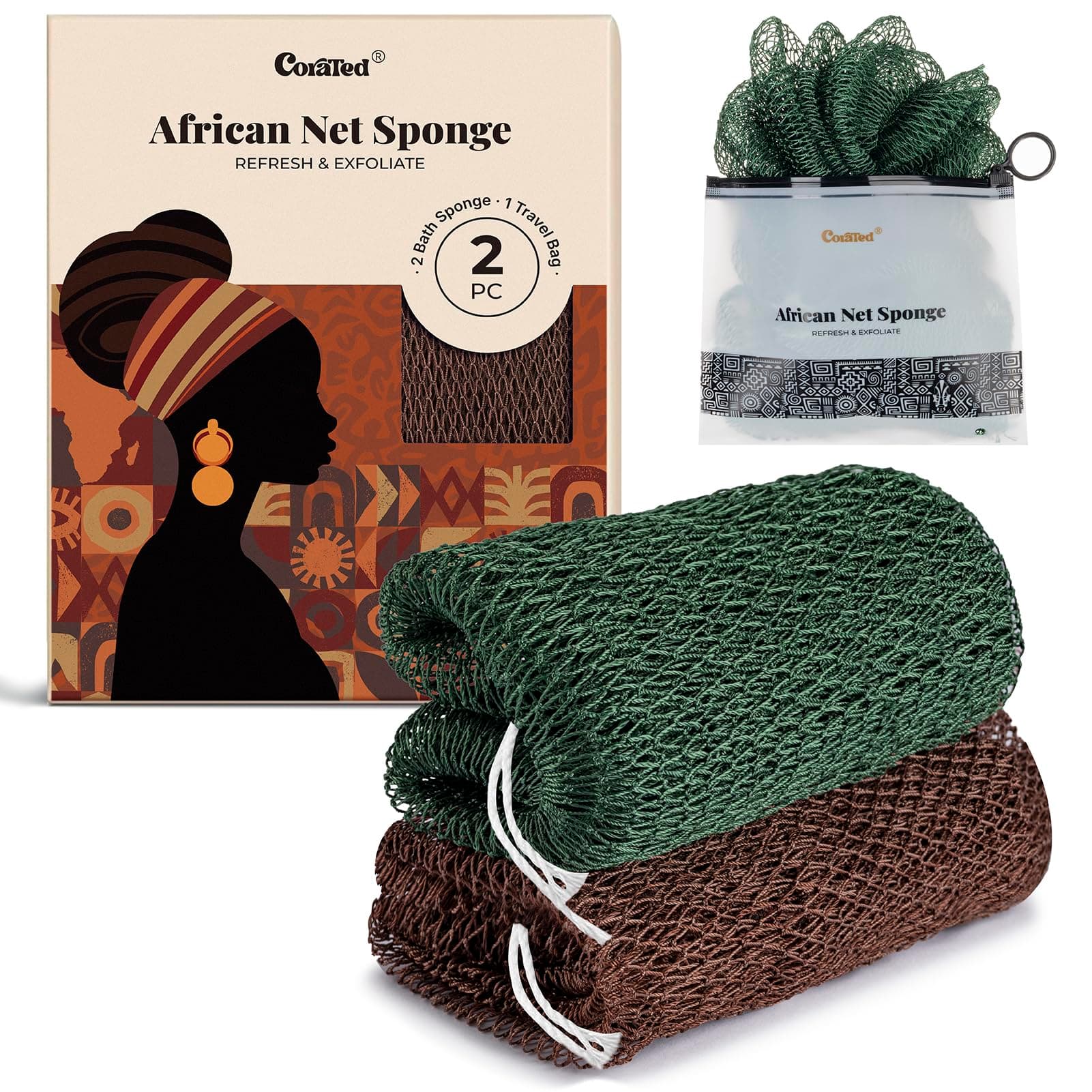 CORATED 2pcs African Exfoliating Net Sponge Set - Bath & Shower Net Sponges, Back Scrubber Washcloth for Shower, Beauty Skin Cleaning for Shower Spa Massage (Brown & Dark Green)