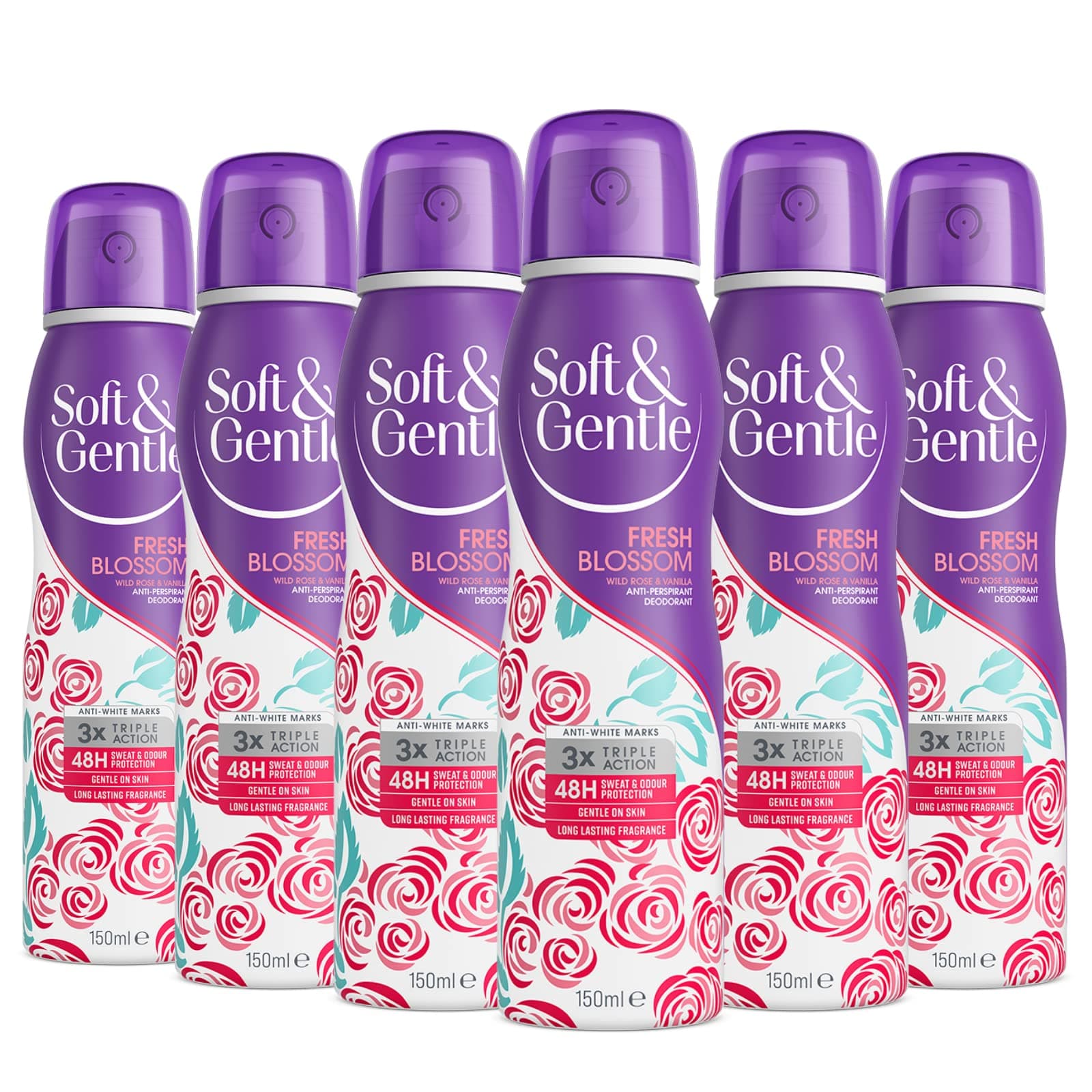 Soft & Gentle Fresh Blossom Antiperspirant Deodorant Spray 150ml x 6